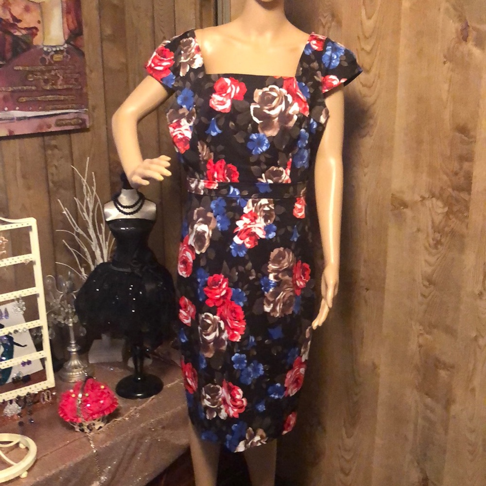 J. Peterman Black Floral Sheath Dress with Red Blue and Brown Roses